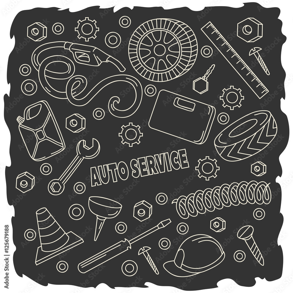 Cartoon cute doodles hand drawn Auto service illustration. Cartoon cute doodles hand drawn Auto service illustration.