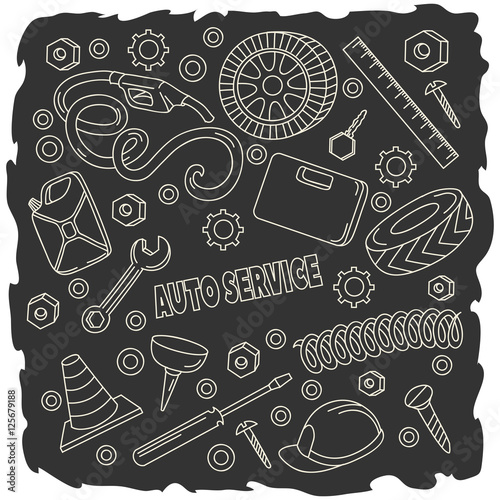 Cartoon cute doodles hand drawn Auto service illustration.