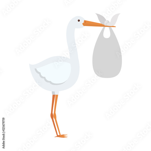 cartoon stork holding a baby basket icon over white background. vector illustration