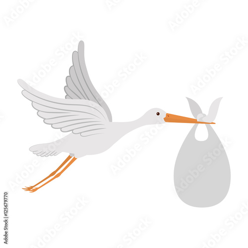 cartoon stork holding a baby basket icon over white background. vector illustration