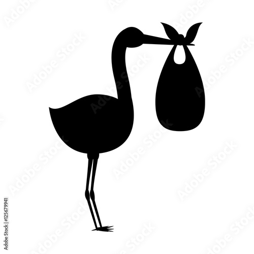 silhouette of stork holding a baby basket icon over white background. vector illustration