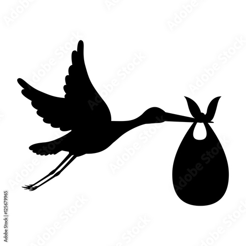 Photo silhouette of stork holding a baby basket icon over white background