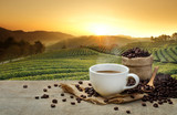 Hot Coffee cup with Coffee beans on the wooden table and the plantations background