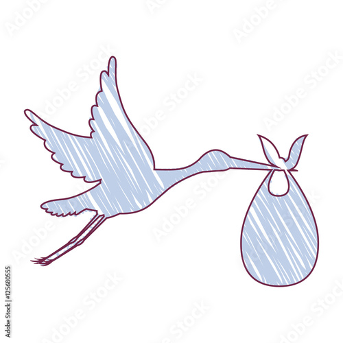stork holding a baby basket icon over white background. draw and sketch design. vector illustration