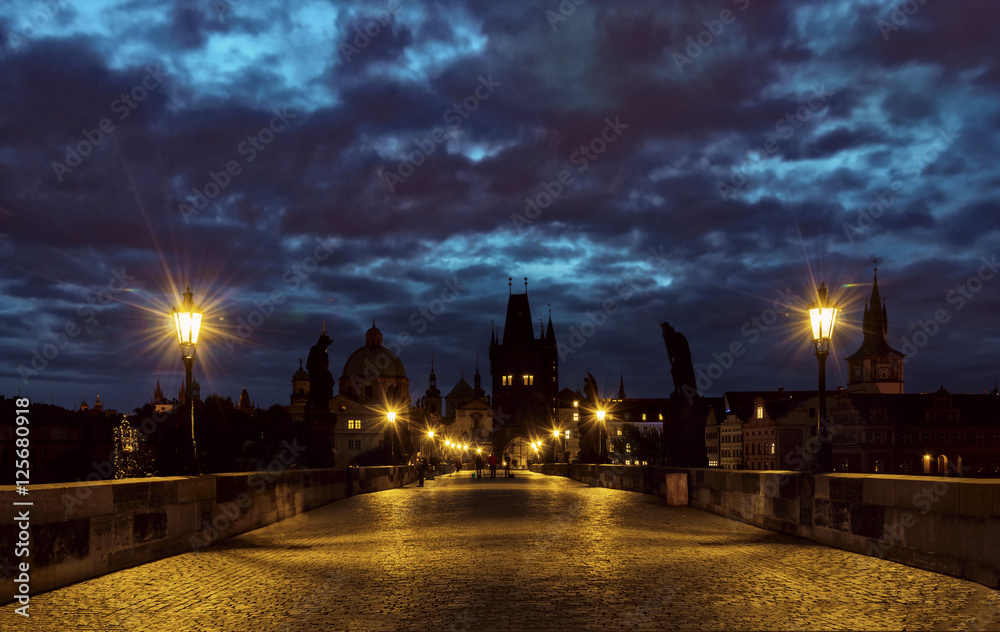 Prague (Czech Republic). Charles (Karluv) Bridge in the sunrise.