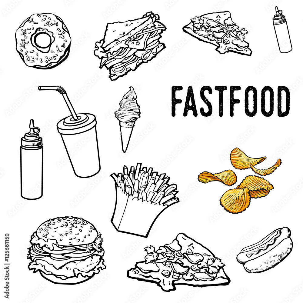 Set of black and white hand drawn fast food, sketch style vector