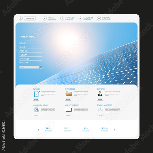 Modern Eco Simple Website Design Template, with Solar Panel Photorealistic Eco Vector Header,

 photo