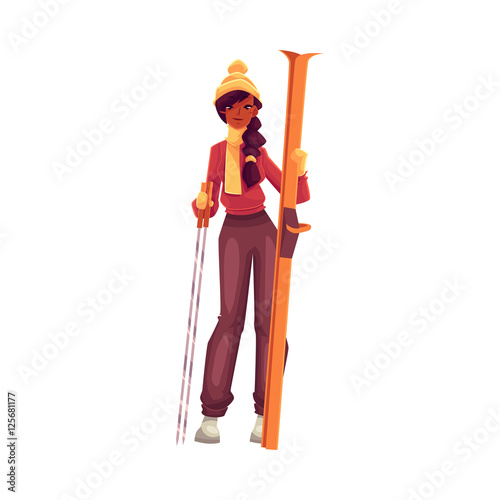 Young black woman with ski and poles, cartoon vector illustration isolated on white background. Full height portrait of beautiful African American female skier, fun winter activity, outdoor leisure
