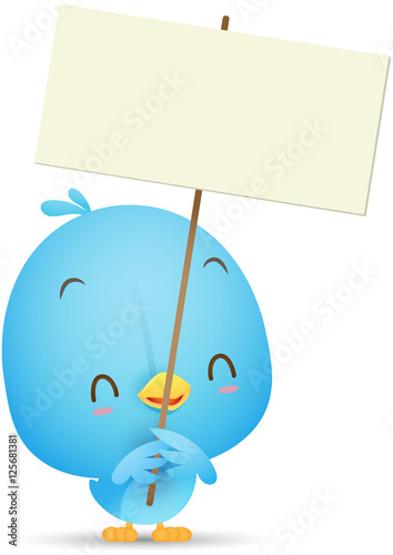 Kawaii Blue Bird holding blank sign