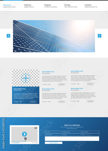 Modern Eco One Page Website Design Template, with Solar Panel Photorealistic Eco Vector Header,

 photo