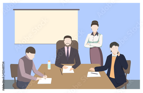 Business characters. Working people, meeting, teamwork.conference table, brainstorm. Workplace. Office life. Flat design vector illustration.