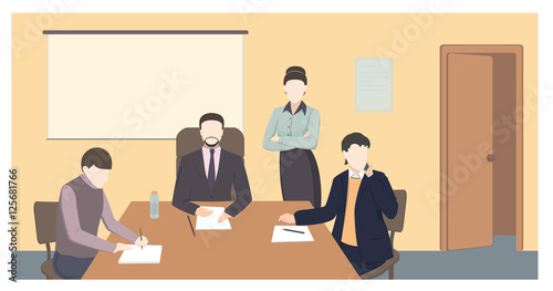 Business characters. Working people, meeting, teamwork.conference table, brainstorm. Workplace. Office life. Flat design vector illustration.