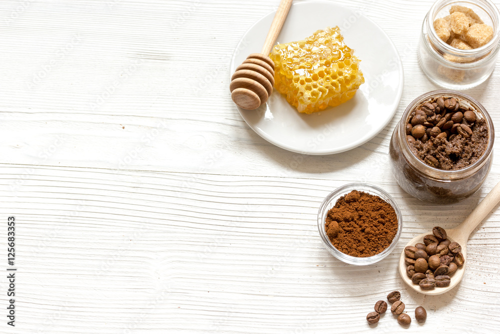 preparation scrub of ground coffee and honey top view preparation scrub of ground coffee and honey top view