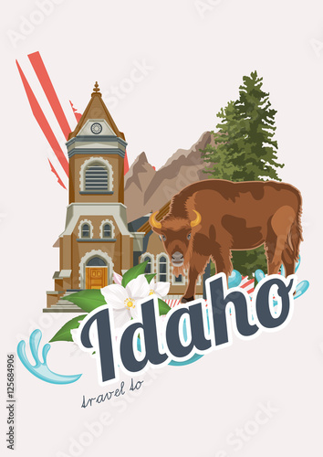 Idaho vector travel poster. United States of America card. USA banner