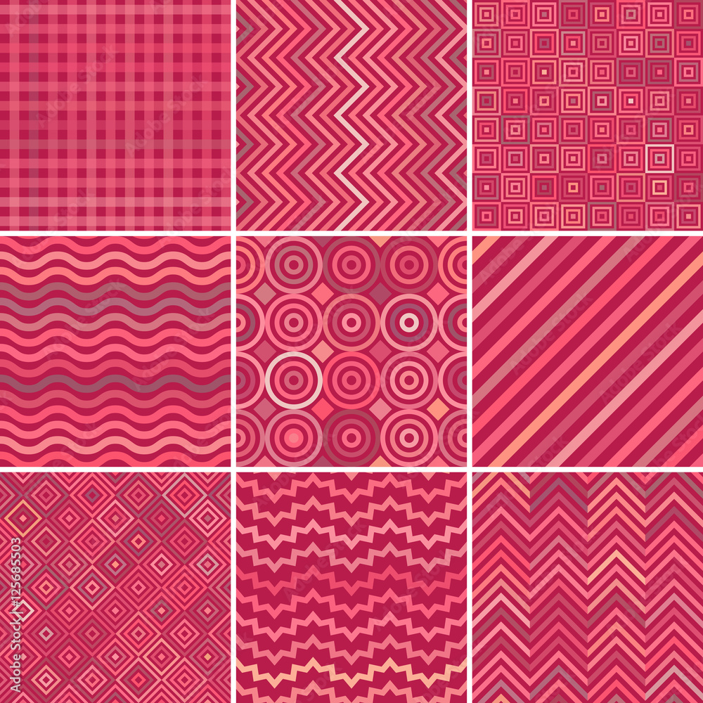 Set of abstract colorful background, 9 geometric pattern, vector illustration. Texture can be used for printing onto fabric and paper. Red, pink colors