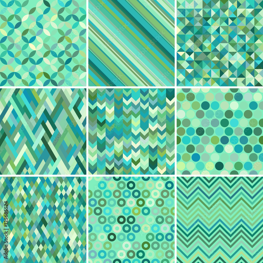 Set of abstract colorful background, 9 geometric pattern, vector illustration. Texture can be used for printing onto fabric and paper. Green, blue colors