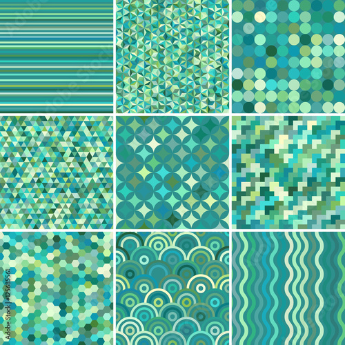 Set of abstract colorful background, 9 geometric pattern, vector illustration. Texture can be used for printing onto fabric and paper. Green, blue colors