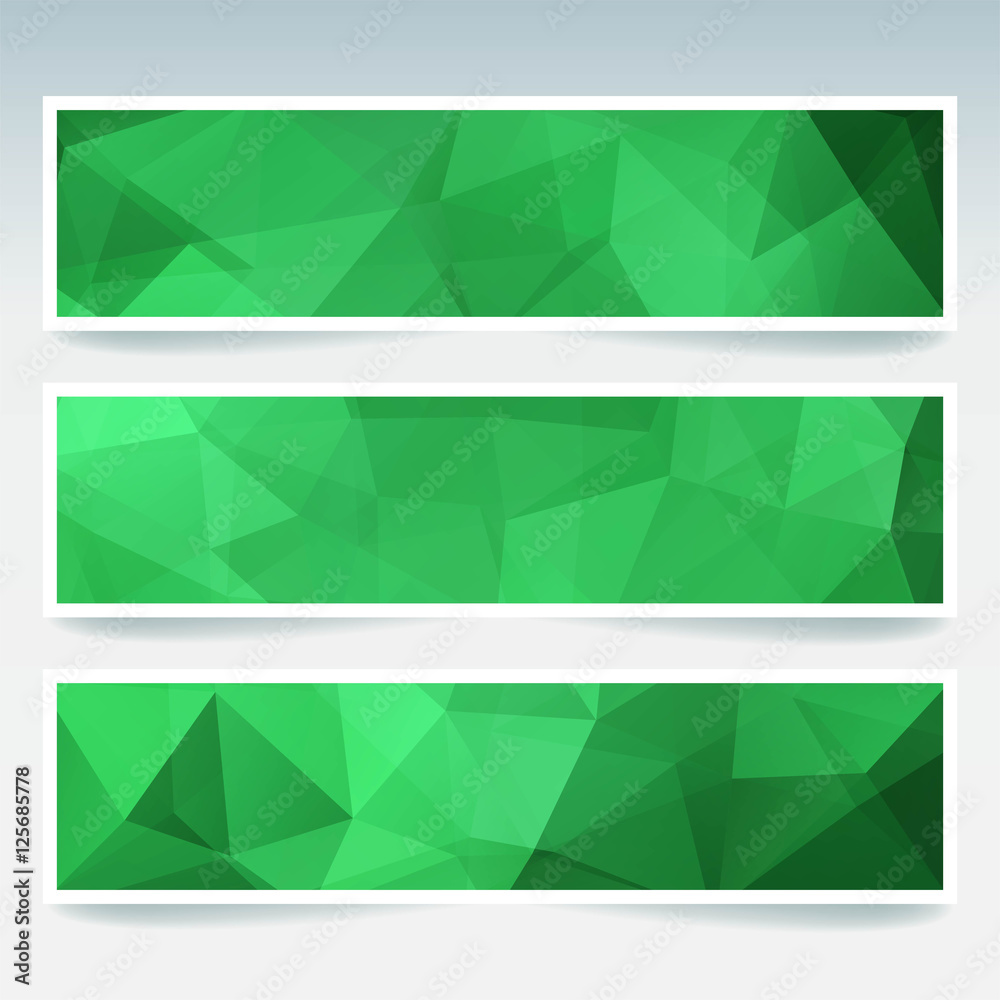 Fototapeta premium Horizontal banners set with green polygonal triangles. Polygon background, vector illustration
