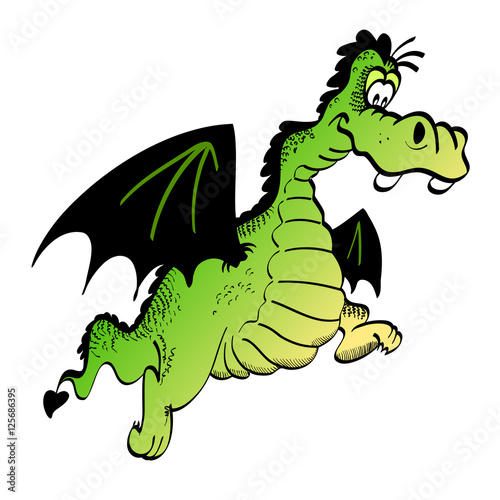 Green funny cartoon dragon isolated on a white background.