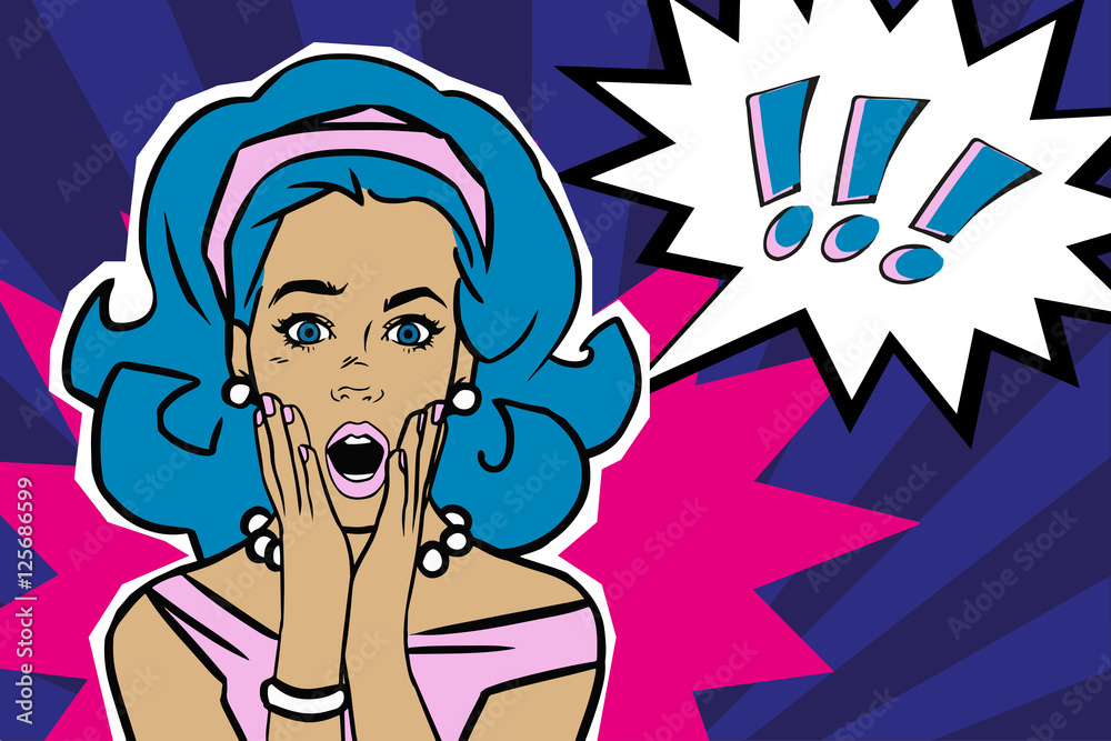 Pop art surprised woman face with open mouth. Comic woman with speech bubble. Vector illustration.