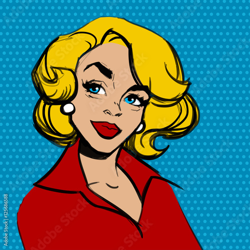 Pop art blonde woman face with red lips. Comic woman. Vector illustration on a blue dotted background. photo