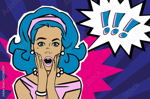 Pop art surprised woman face with open mouth. Comic woman with speech bubble. Vector illustration. © Ira Cvetnaya