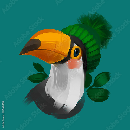 Fototapeta Naklejka Na Ścianę i Meble -  Cute toucan bird in a winter knitted hat. Raster colorful hand drawn illustration. T-shirt print. Postcard art.