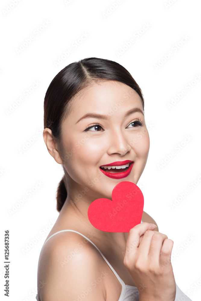 Cute attractive young woman with red heart. Valentine's day art Cute attractive young woman with red heart. Valentine's day art