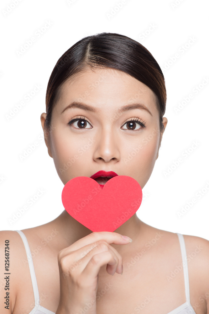 Cute attractive young woman with red heart. Valentine's day art Cute attractive young woman with red heart. Valentine's day art