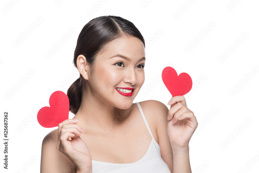 Cute attractive young woman with red heart. Valentine's day art Cute attractive young woman with red heart. Valentine's day art