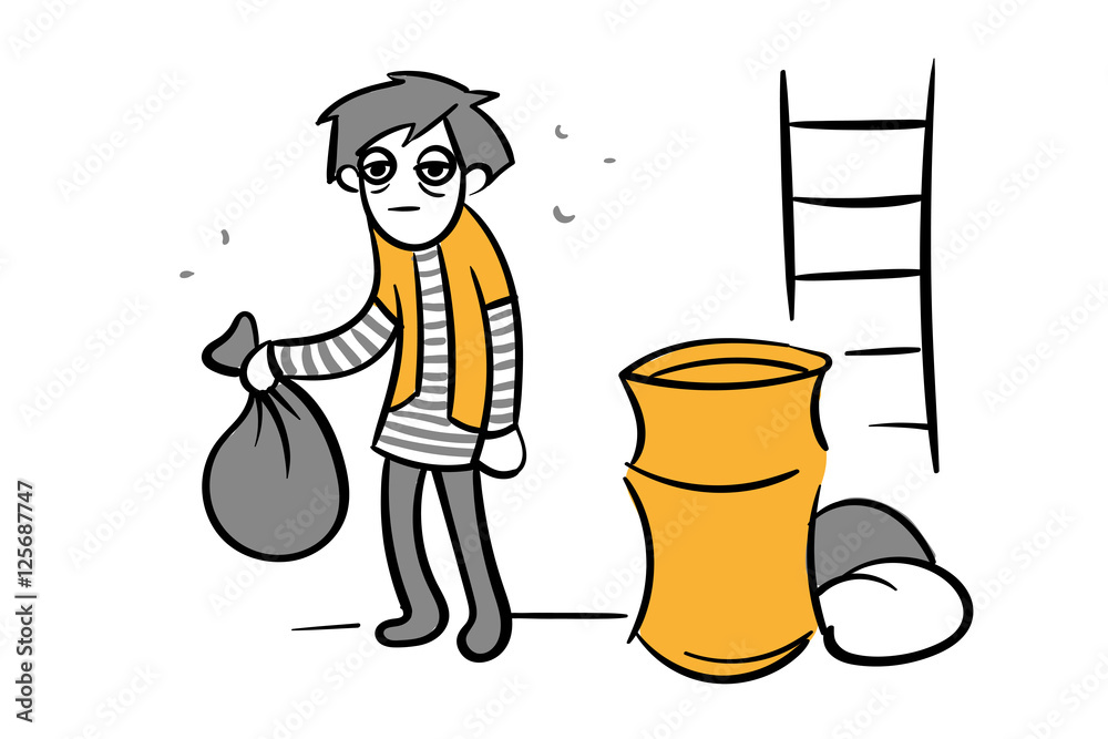 Homeless. Shaggy man in dirty rags and with a bag in his hand. Vector ...