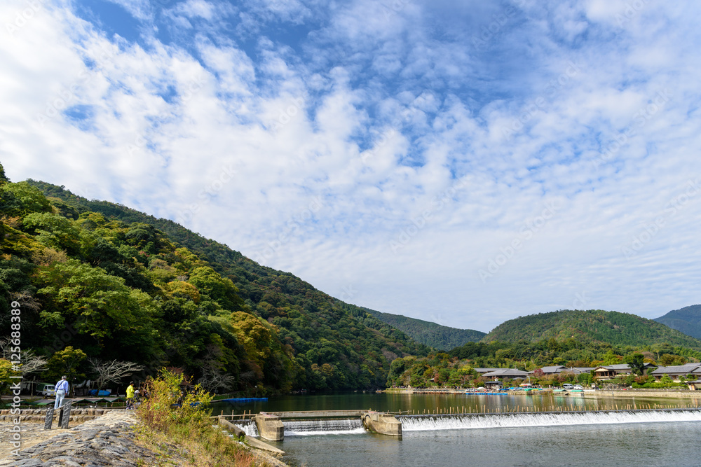 秋の桂川　色づき始め紅葉