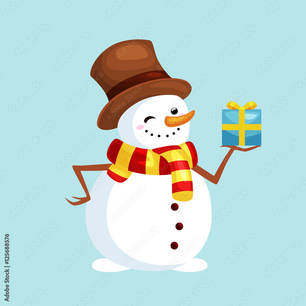 christmas white snowman in hat and scarf with winter xmas present for celebration new year vector illustration