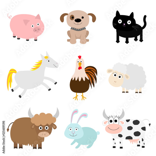 Farm animal set. Cock, pig, dog, cat, cow, rabbit, ship horse, rooster, bull Baby collection. Flat design style. Isolated. White background