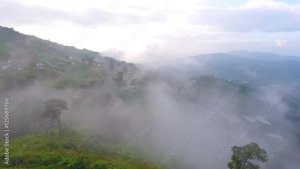 Aerial View Flight over the Mountains. Flying over the River. Forest Valley. Morning Fog Aerial View Flight over the Mountains. Flying over the River. Forest Valley. Morning Fog