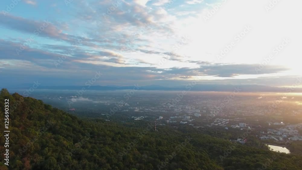 Aerial View Flight over the Mountains. Flying over the River. Forest Valley. Morning Fog Aerial View Flight over the Mountains. Flying over the River. Forest Valley. Morning Fog