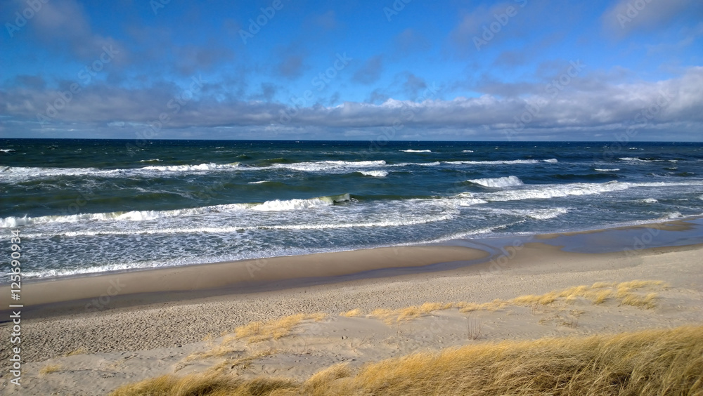 Beautiful coastal panorama - a lot of waves, sand and dunes in windy weather