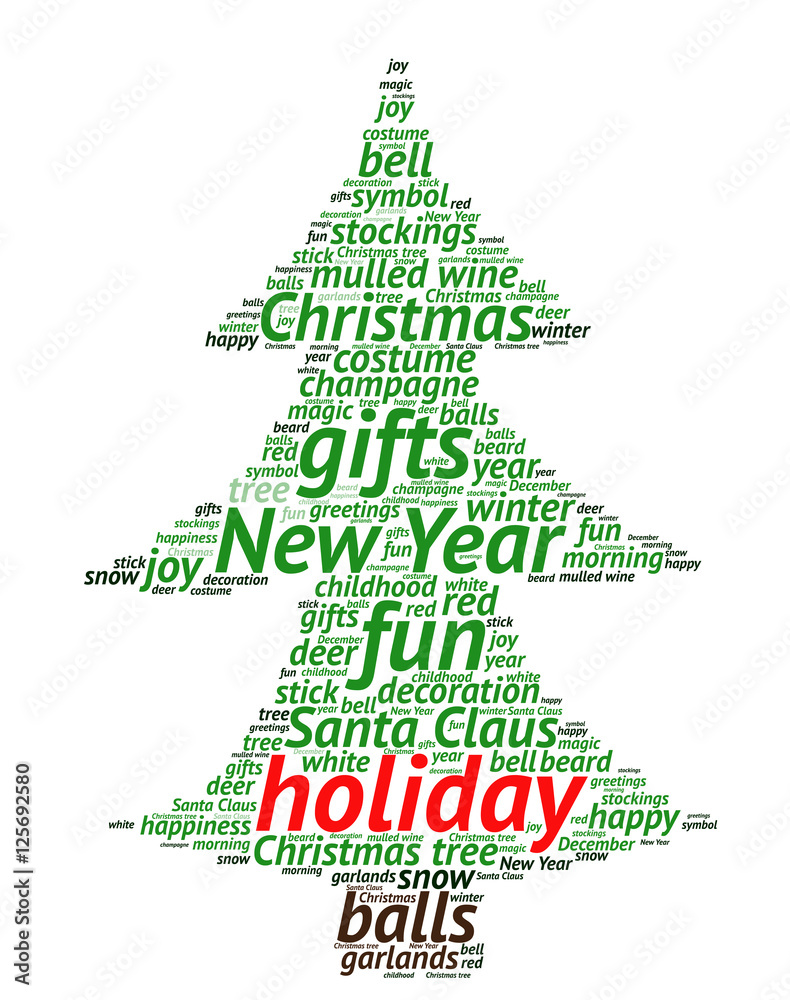 Holiday word cloud concept in shape of Christmas tree on white background. Vector. Holiday word cloud concept in shape of Christmas tree on white background. Vector.