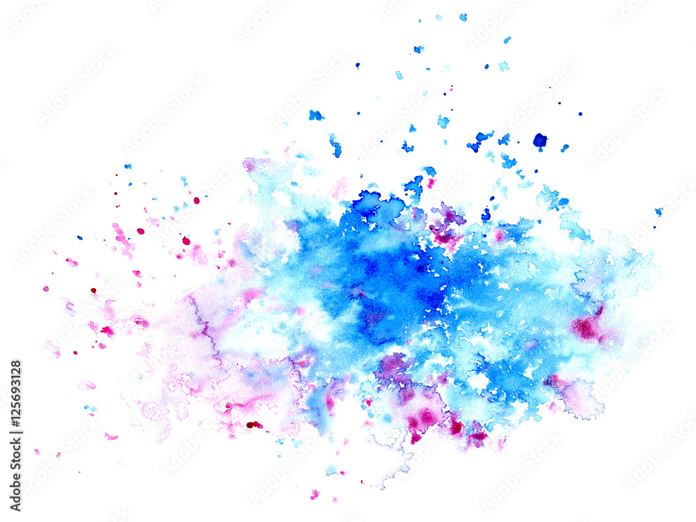 Pink and blue watery spreading illustration.Abstract watercolor hand drawn image.Purple and cyan splash.White background.