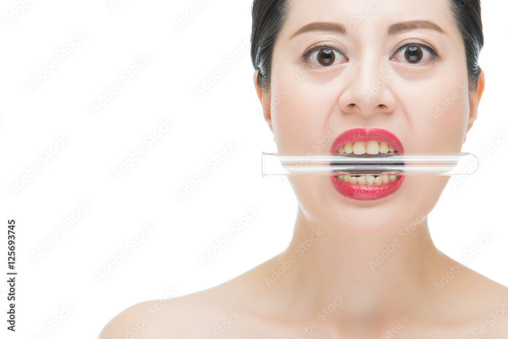 asian woman red lips nail and bite test lab tube asian woman red lips nail and bite test lab tube