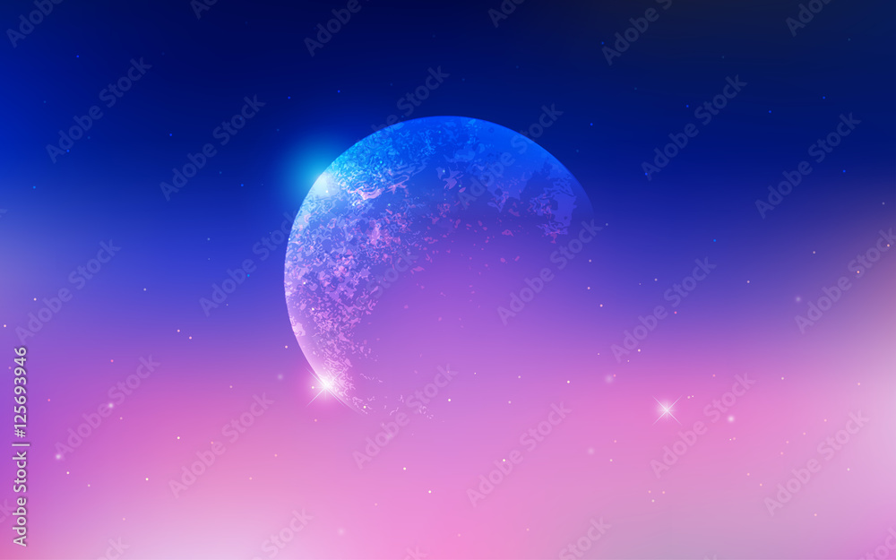 Universe scene with planets, stars and galaxies in outer space; abstract scientific background; glowing planet Earth in space, solar eclipse, nebula and stars