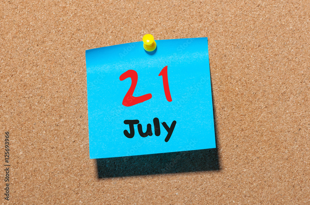 July 21st. Day 21 of month, color sticker calendar on notice board. Summer time. Close up July 21st. Day 21 of month, color sticker calendar on notice board. Summer time. Close up
