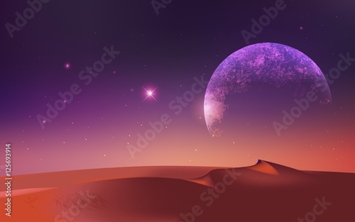 earth from Mars view piont, Mars mountains, view from the valley, science background; Earth and galaxy