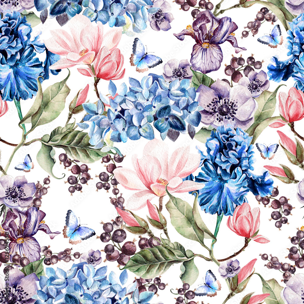 Obraz premium Watercolor colorful pattern with magnolia flowers, iris, hydrangea, anemone and currant berries. Illustrations