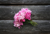 Blooming peony flowers on the wooden wall