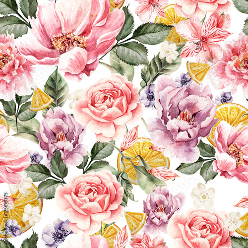 Seamless pattern with watercolor flowers. Peonies, anemone, citrus and roses. Illustration