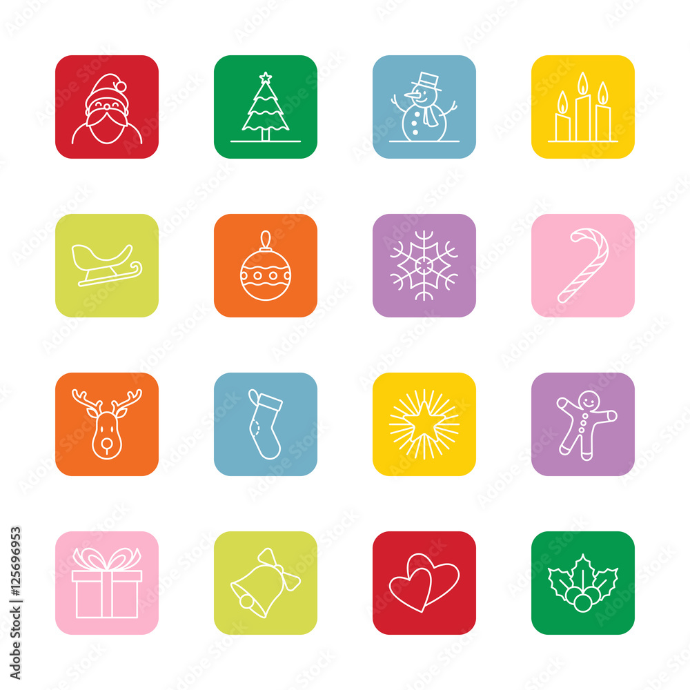 Christmas and new year icon set vector illustration - outline on colorful rounded rectangle Christmas and new year icon set vector illustration - outline on colorful rounded rectangle