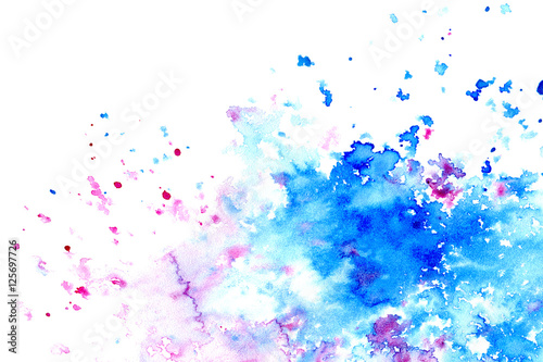 Pink and blue watery spreading illustration.Abstract watercolor hand drawn image.Purple and cyan splash.White background.