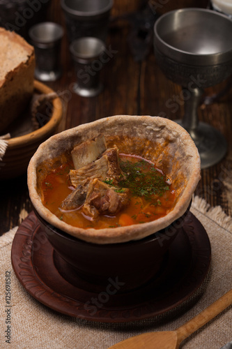 Traditional Ukrainian soup served in bread