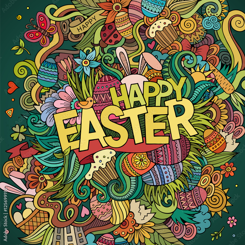 Cartoon hand-drawn doodles Happy Easter background